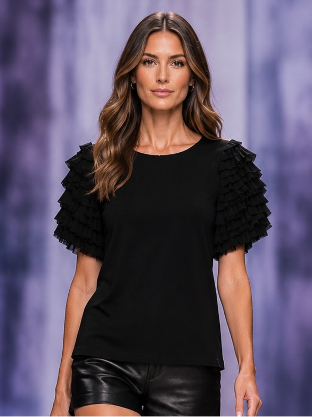 Gracia Black Ruffle Sleeve Statement Top Size Small